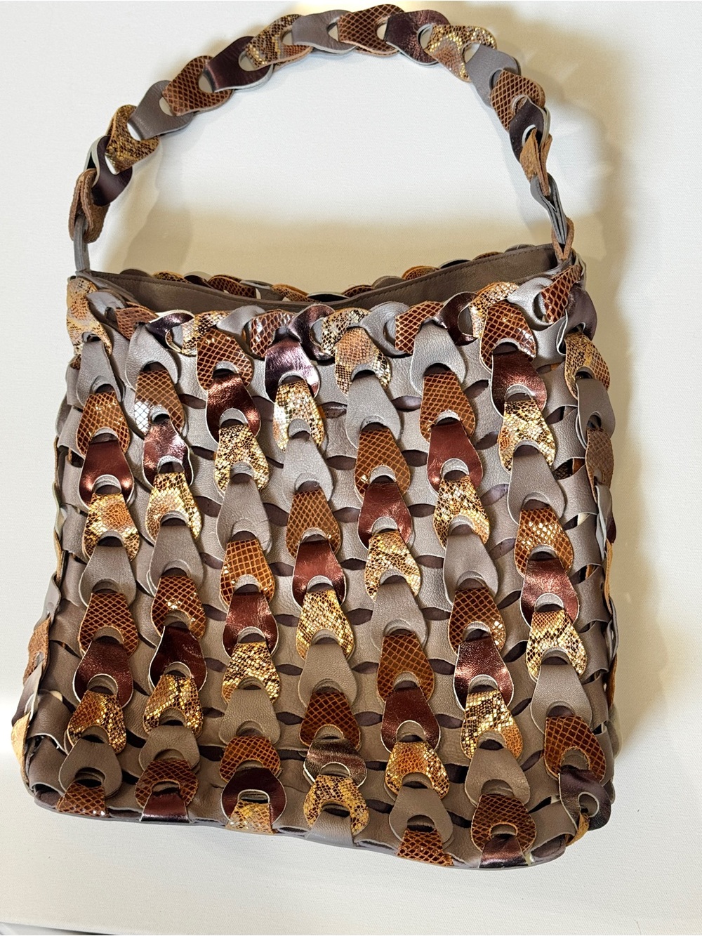 Anthropologie Woven Leather Bag Goat Leather Metallic Bronze Snakeskin Accents